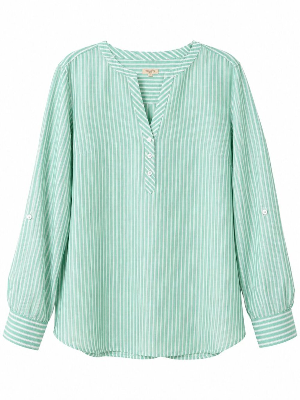 TALBOTS LINEN BLEND SHIRT XL WHITE/MINT GREEN STRIPED ROLL TAB COASTAL BREEZY - Picture 4 of 12